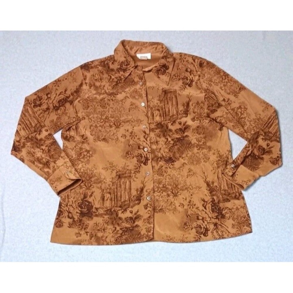 Soft Surroundings Toile Enchanted Rose Architecture Blouse L Camel Brown Scenic